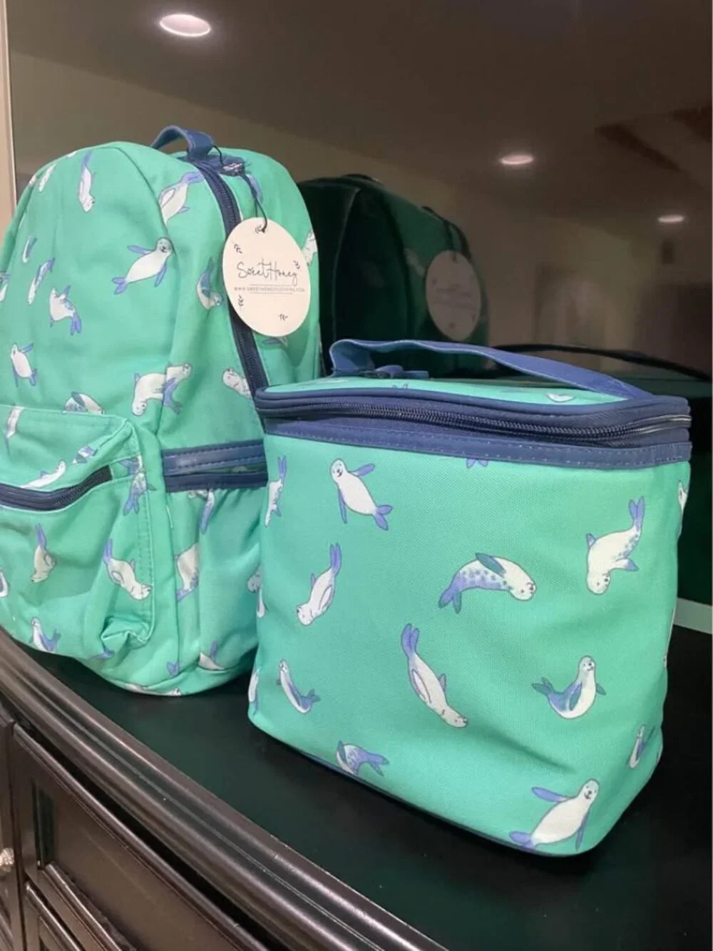 New SweetHoney Set Seal Green School Backpack & Insulated Lunch Box Cooler Bag
